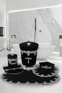 Bonny Home Luxury Siyah 6 Prç Çeyizlik Banyo Kirli Çamaşır Sepeti Seti & Banyo Paspası Seti